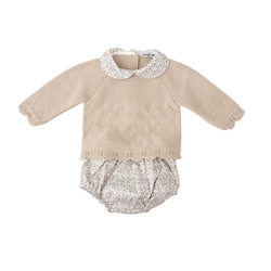 Conjunto beige doble cuello flores - Imagen 1